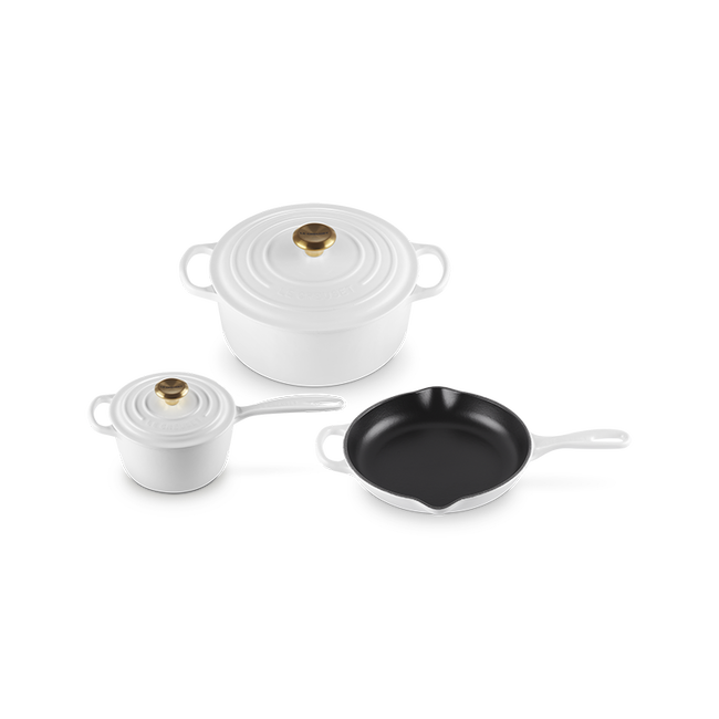 Signature Enameled Cast Iron 5-Piece Cookware Set with Gold KnobsWhite